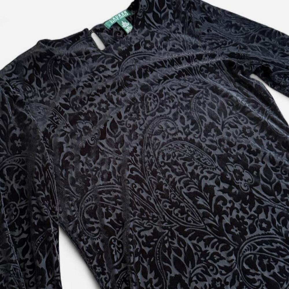 Lauren Ralph Lauren Black Velvet Burnout Paisley Long Sleeve High Neck Goth Top - Picture 7 of 8